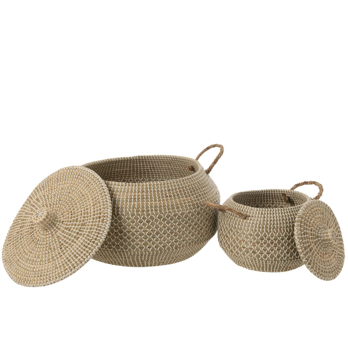 J-Line Set mit 2 Korbgriffen + Deckel, Seegras/Kunststoff, Natur/Weiß