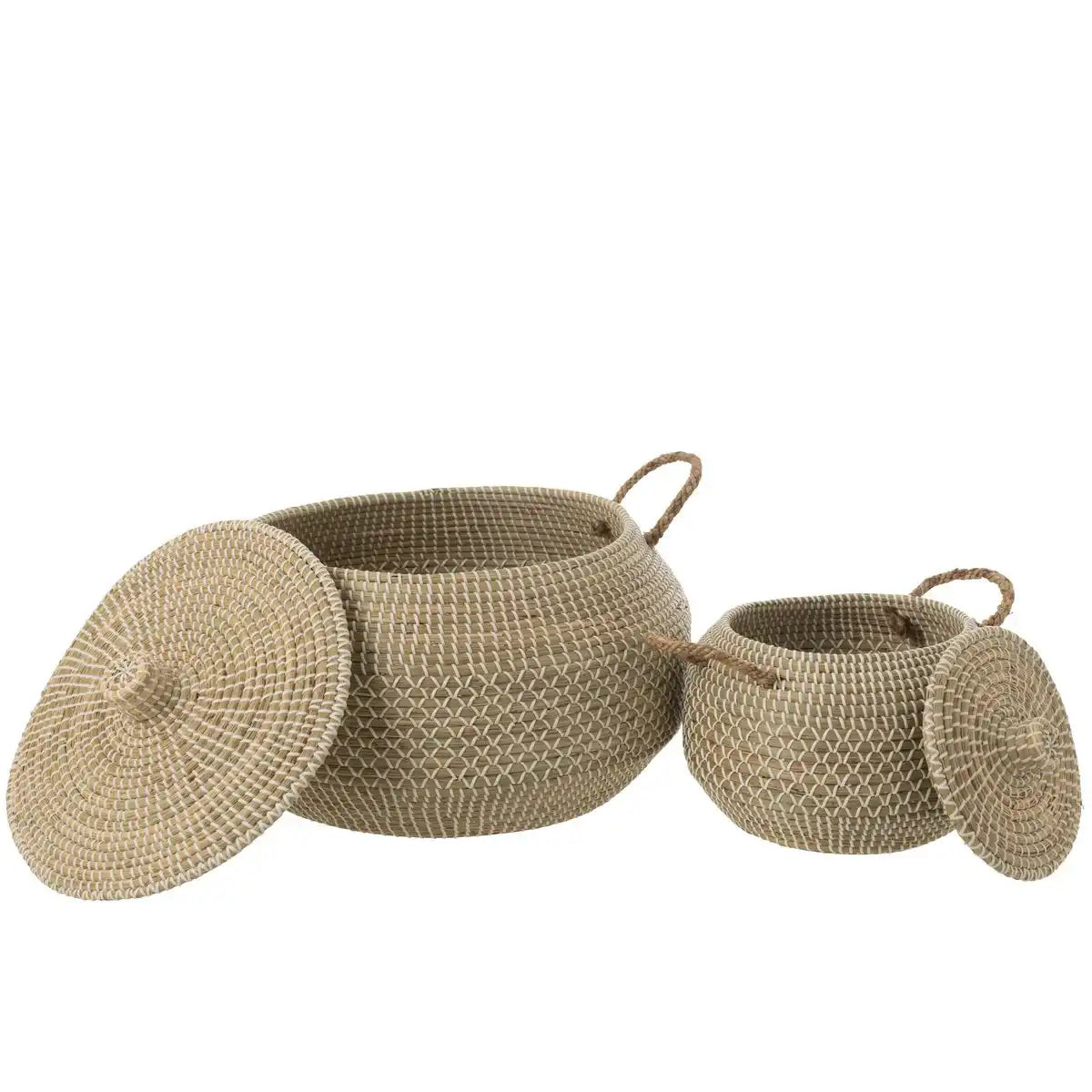 J-Line Set mit 2 Korbgriffen + Deckel, Seegras/Kunststoff, Natur/Weiß