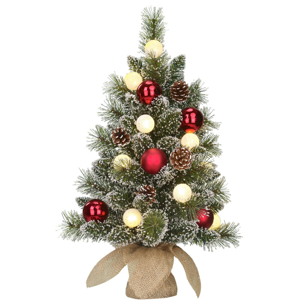 Künstlicher Weihnachtsbaum aus Jute mit LED-Beleuchtung – H60 x Ø39 cm – Grün gefrostet, Rot