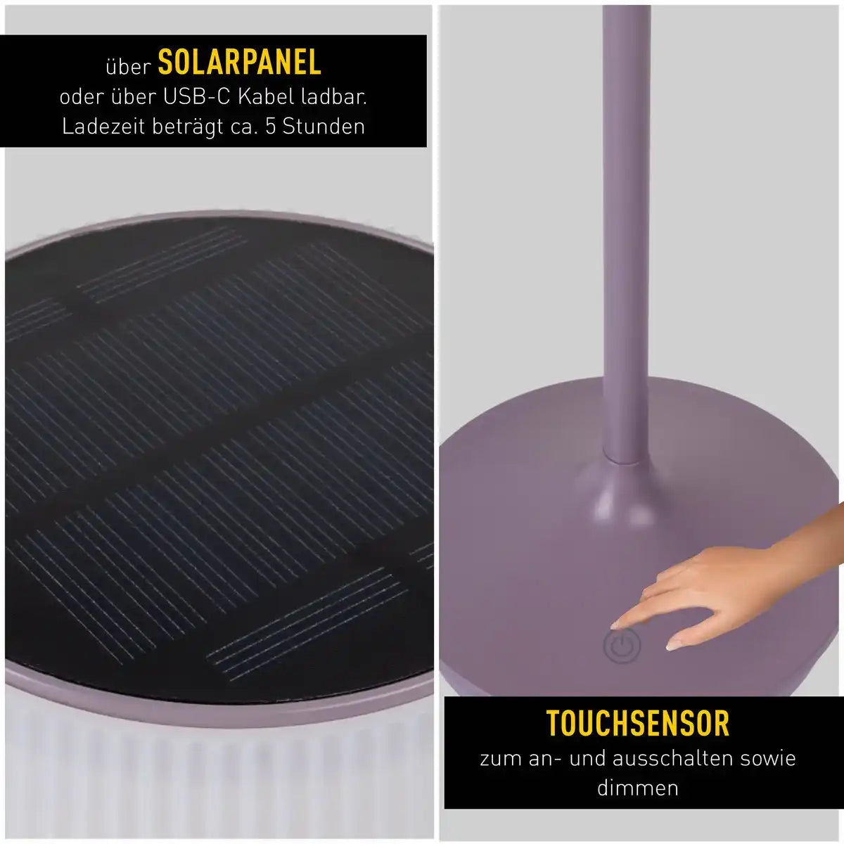 Solar-Akkutischleuchte "EMMI" 38 cm hoch, Schirm Ø 13 cm, Metall in Brombeer und weißer Kunststoff, für den Außenbereich, dimmbar CCT.