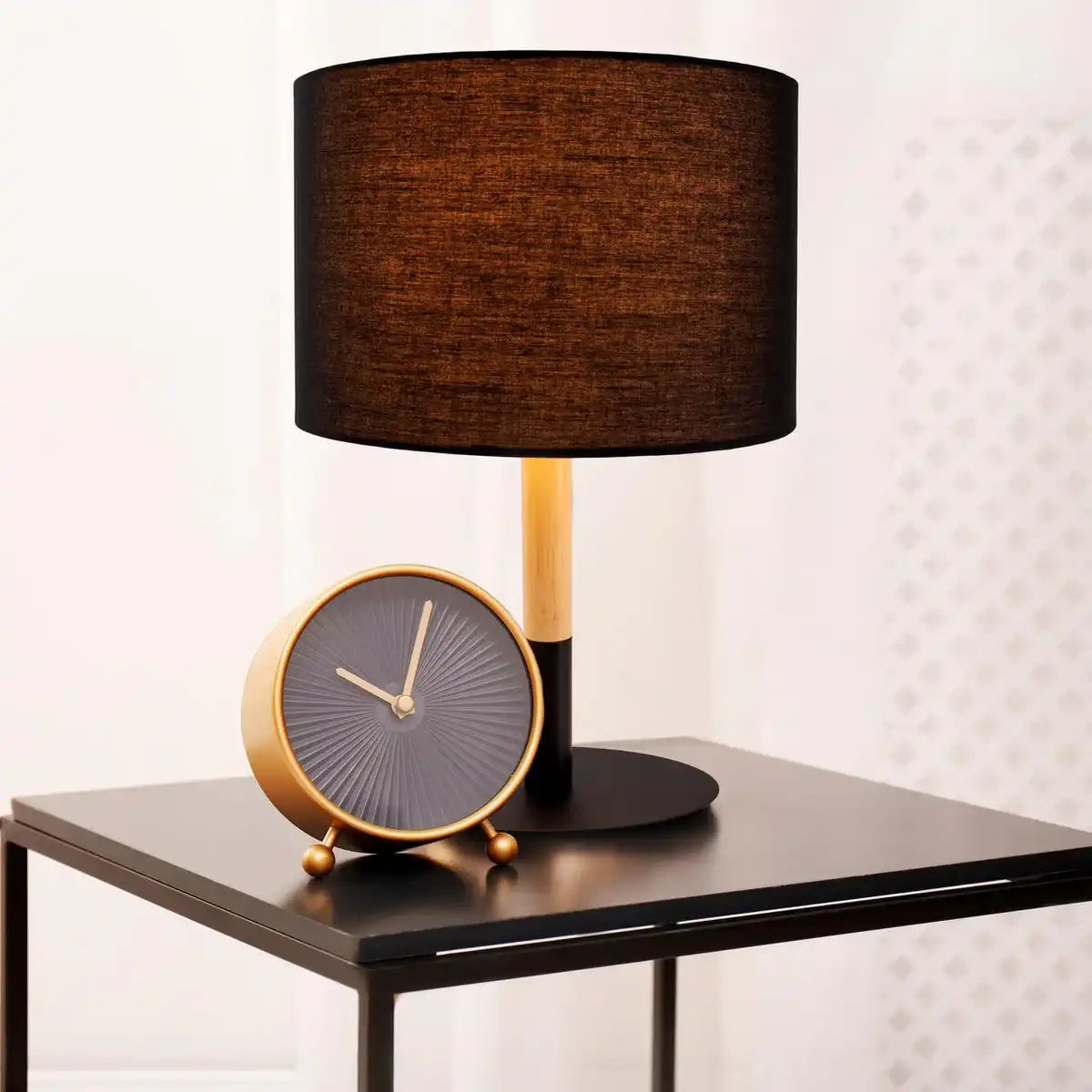 Textil-Tischleuchte "TESSILE", Tischlampe aus Metall, Textil und Gummibaumholz in Schwarz,/Natur, mit E14-Fassung, für Esszimmer, Wohnzimmer, Diele oder Büro, 37 cm hoch