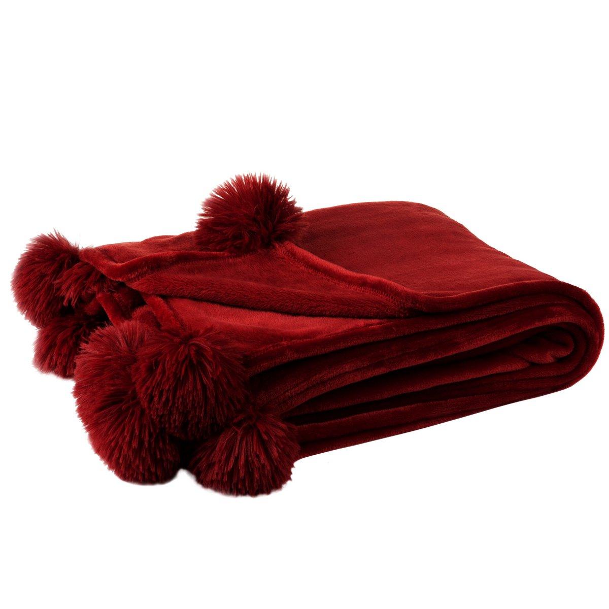J-Line Plaid Pompom – Polyester – Rot – 170 x 130 cm