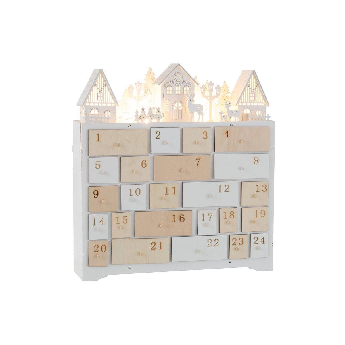J-Line Adventskalender Weihnachten – Holz – Weiß – 40 cm – LED-Leuchten