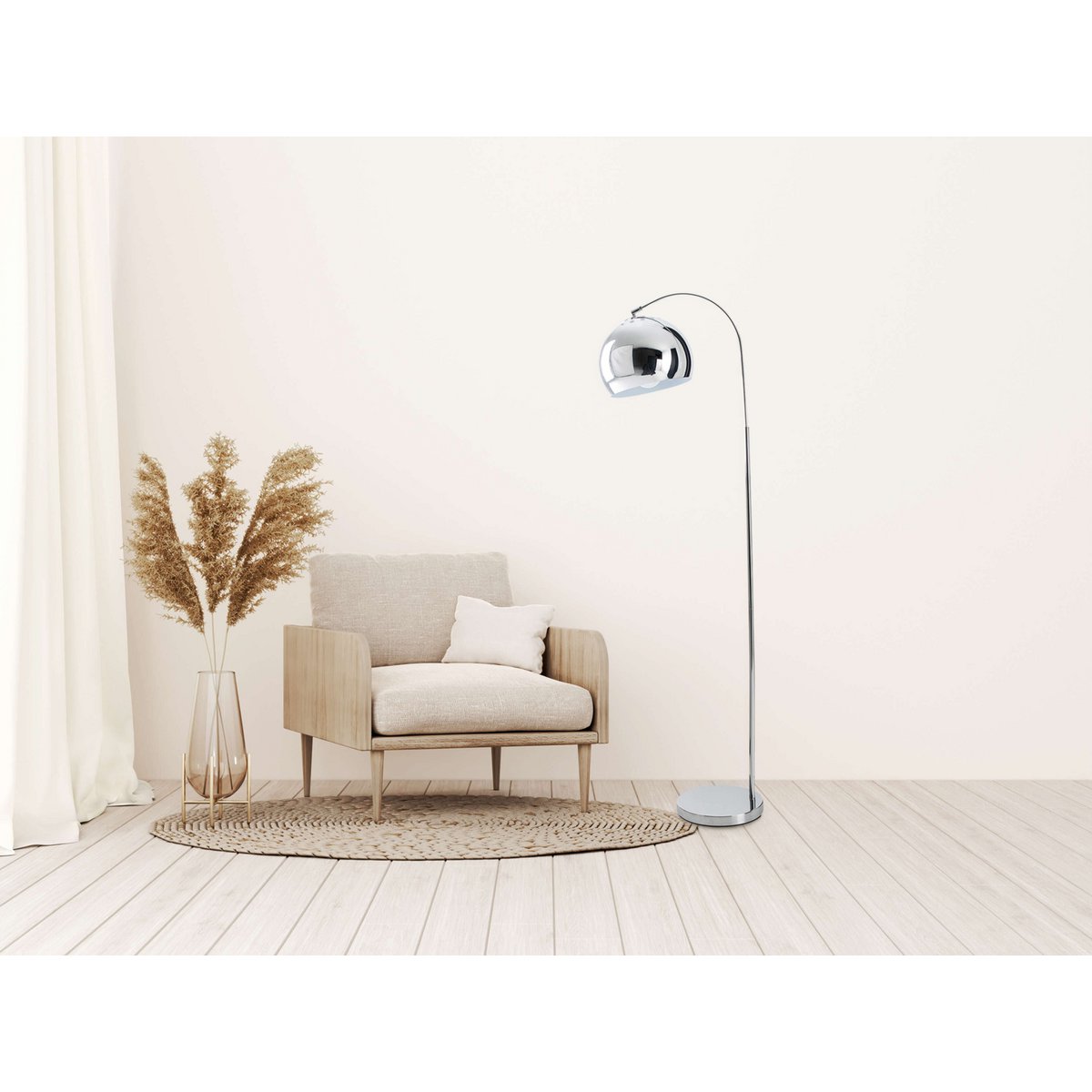Stehleuchte "STYLE", Retro Klassiker Stehlampe mit Bogen aus chromfarbenem Metall mit, E27-Fassung, 146 cm hoch, ideal für Esszimmer, Wohnzimmer und Büro.