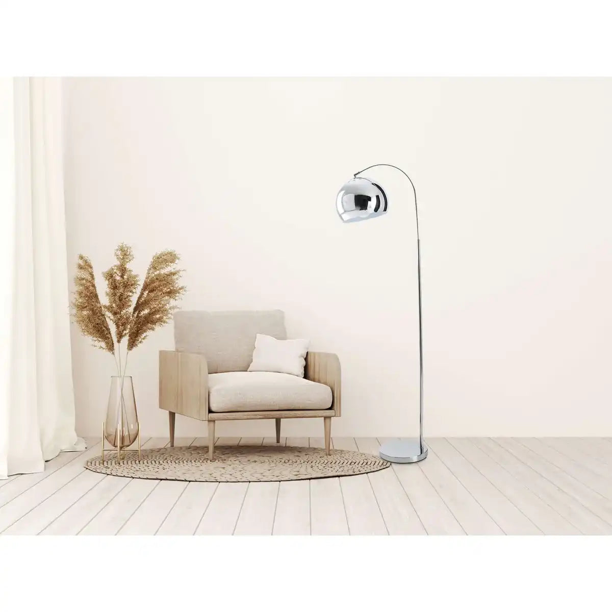 Stehleuchte "STYLE", Retro Klassiker Stehlampe mit Bogen aus chromfarbenem Metall mit, E27-Fassung, 146 cm hoch, ideal für Esszimmer, Wohnzimmer und Büro.