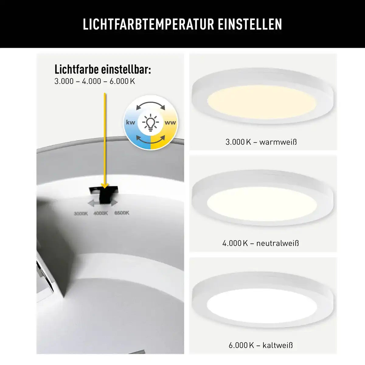 LED Deckenleuchte "BONUS" Ø21,7 cm, Funktionsleuchte Einbau- und Aufbau möglich, Deckenlampe aus Metall und Kunststoff in weiß, mit fest verbauten LEDs, inkl. CCT-Farbwechsler