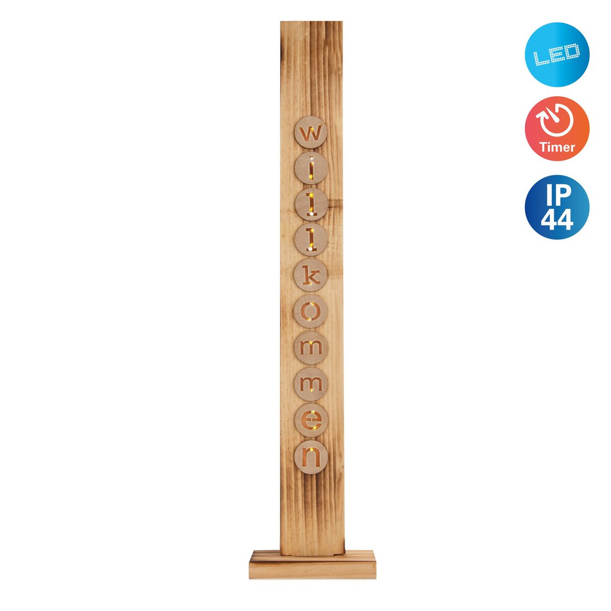 LED-Holz-Dekoleuchte "WILLKOMMEN" aus naturbelassenem Holz mit festverbauten LEDs, Weihnachtsdekoration für Außen