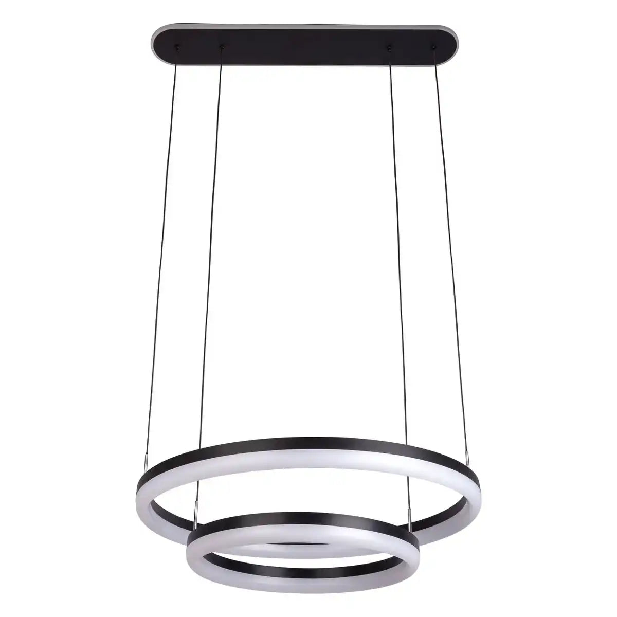 LED-CCT-Pendelleuchte "CIRCULO" aus schwarzem Metall und sandfarbenem Kunststoff, mit integrierter LED und vielen Funktionen, Ø 60 cm, 150 cm hoch.