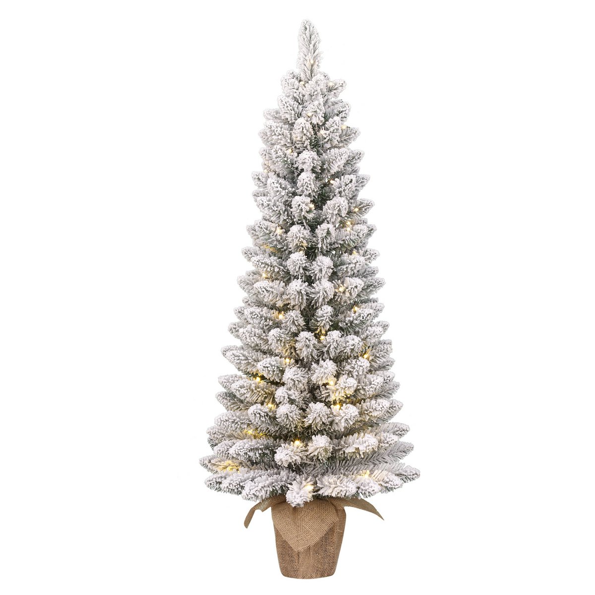 Schmaler künstlicher Weihnachtsbaum im Topf mit warmweißer LED-Beleuchtung – H120 x Ø51 cm – Grün gefrostet