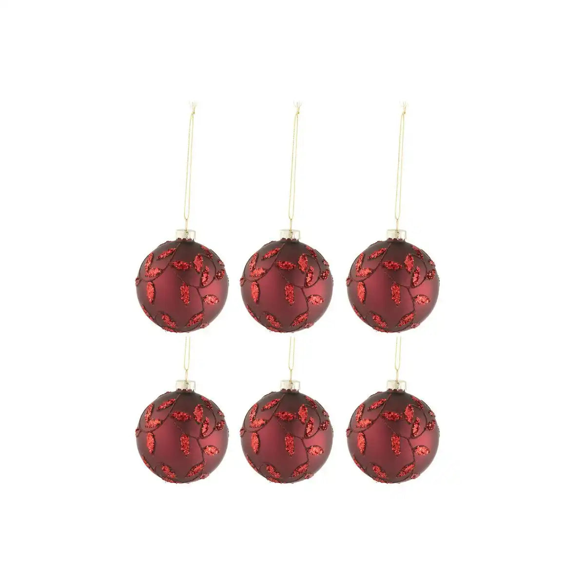 J-Line Box mit 6 Weihnachtskugeln, Blätter, glitzerndes Glas, matt, Weihnachtsrot, klein