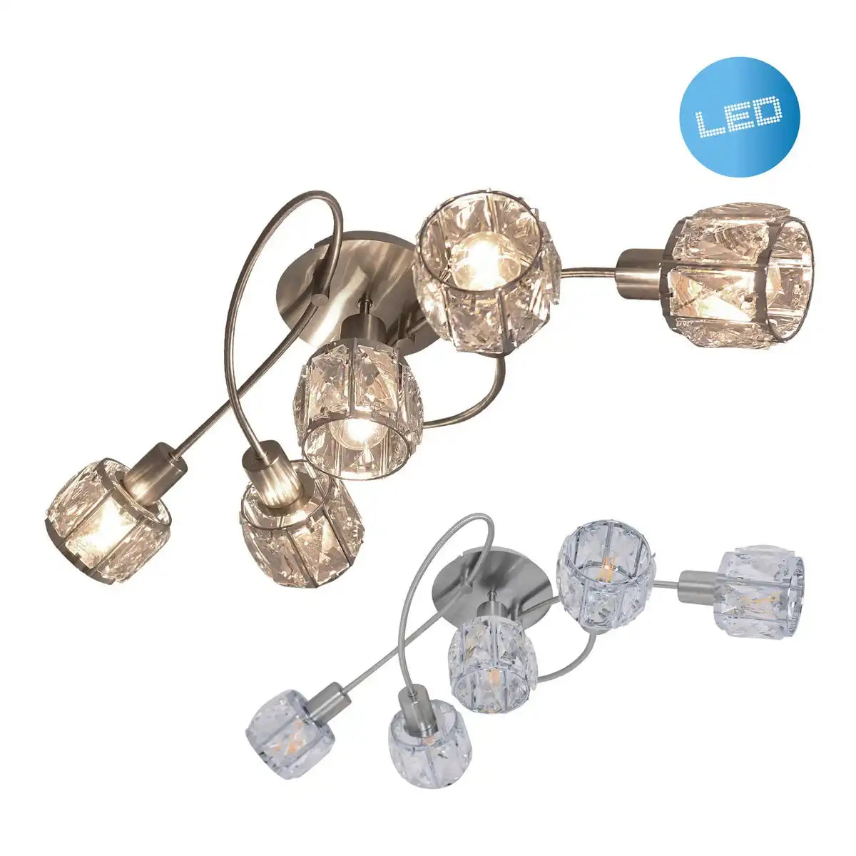 5er-LED-Deckenleuchte "JOSEFA", Deckenlampe aus Metall und Glas in Edelstahloptik, mit E14-Fassung Filament Leuchtmittel inklusive, für Wohnzimmer, Esszimmer, Flur oder Diele 61 x 36 x 21 cm