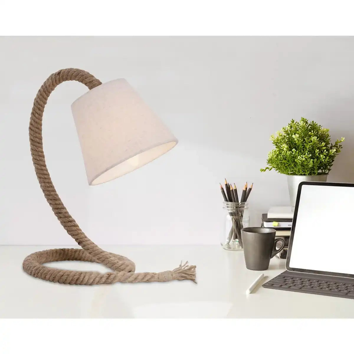 Tischleuchte mit Textilschirm "ROPE", Tischlampe aus Metall, Kunststoff, Jute und Textil in weiß, mit E14-Fassung, für Wohnräume, Diele oder Büro, 35 cm hoch
