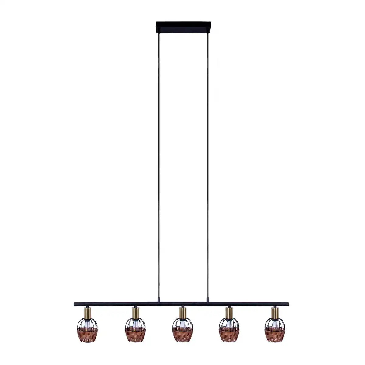 5er Pendelleuchte "CORBIS", Hängelampe aus Metall in Schwarz, mit Gold und Rattan, mit E14-Fassung, für Esszimmer, Wohnzimmer, Diele oder Büro, 100 cm lang