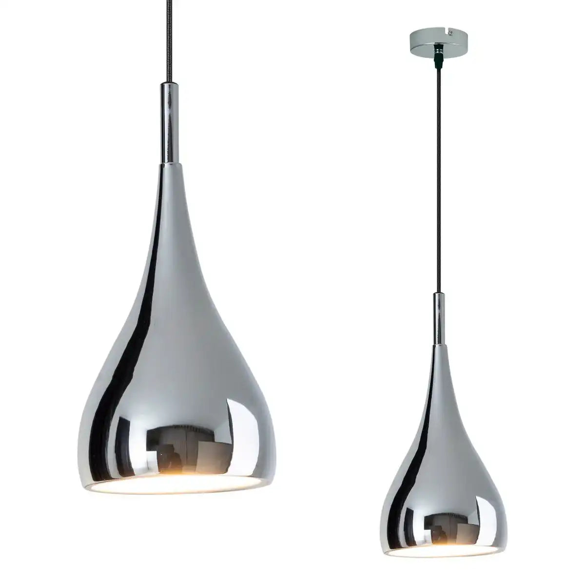 Pendelleuchte "STYLE", Retro Klassiker, Pendellampe aus chromglänzendem Metall mit E27-Fassung, Schirm Ø15 cm, ideal für Esszimmer, Wohnzimmer und Küche.