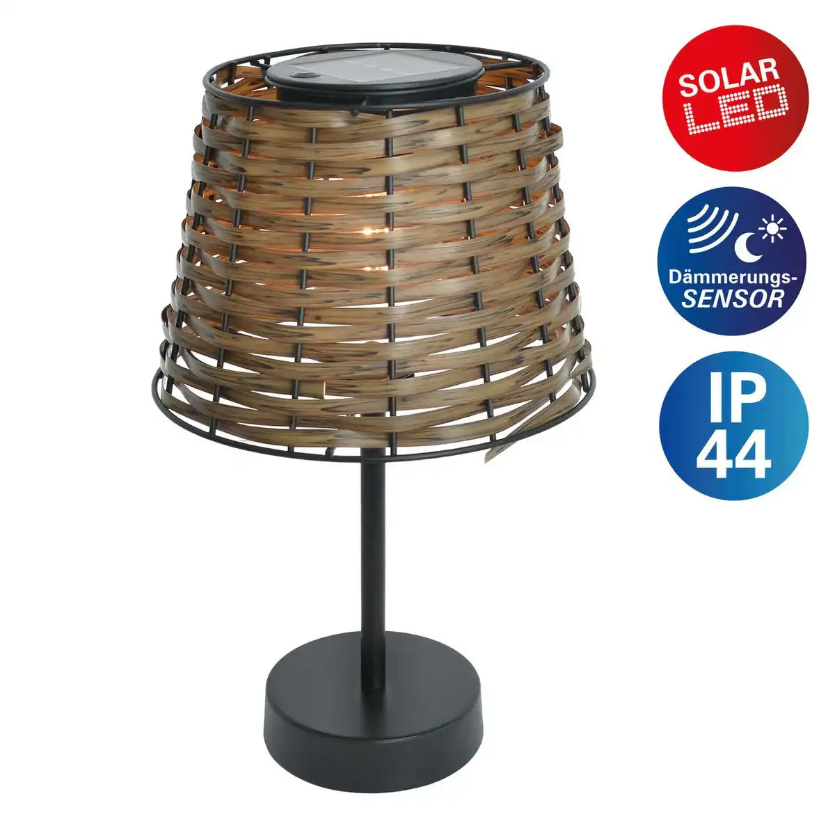 Solar-Tisch-Leuchte Rattan "Rada" in braun, mit Dämmerungssensor, warmweiß, 31 cm hoch, für den Außenbereich