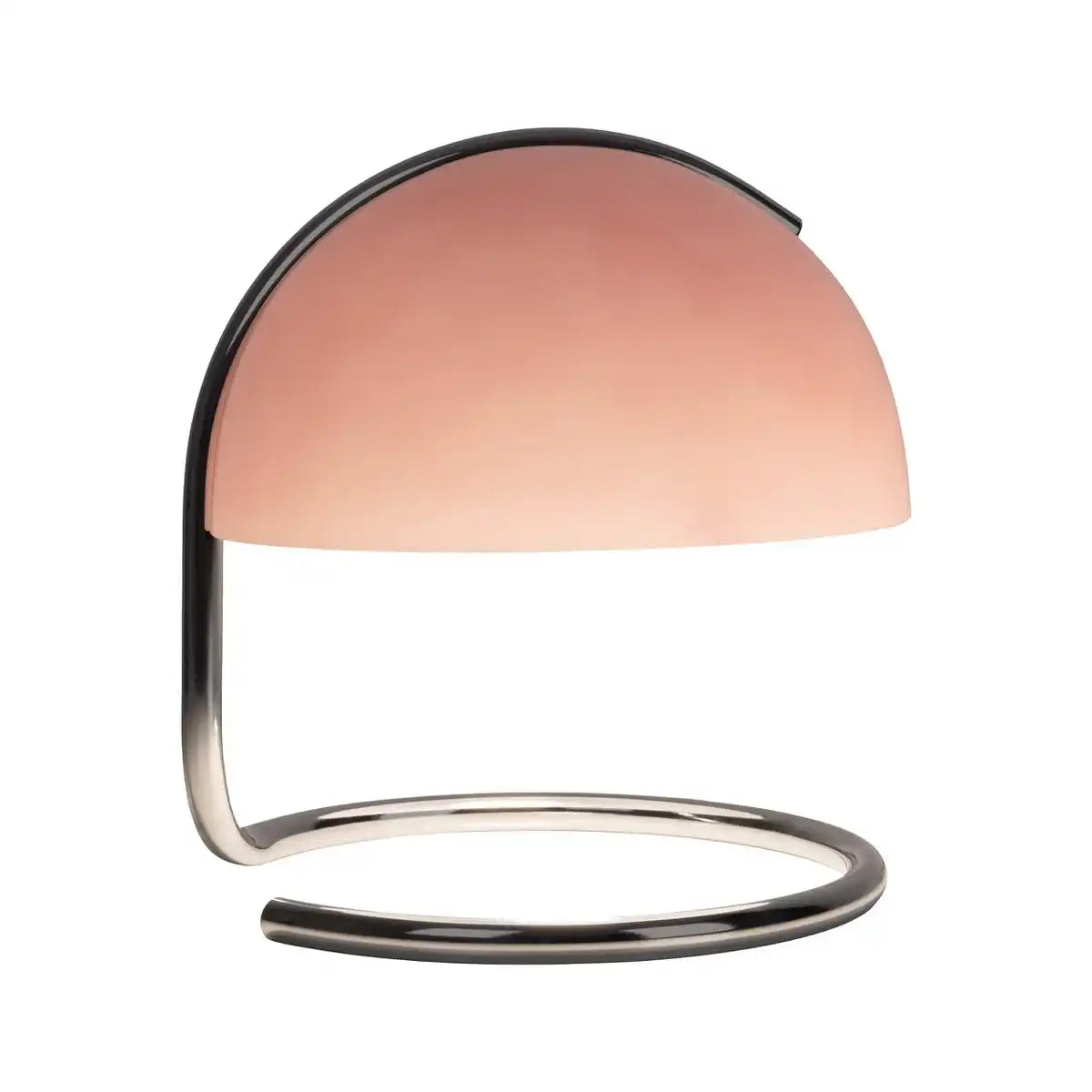Tischleuchte "BURANO" rosa, ca. 25 cm hoch, Ø 23,5 cm, aus chromfarbenem Metall und rosanem Glas, E27.