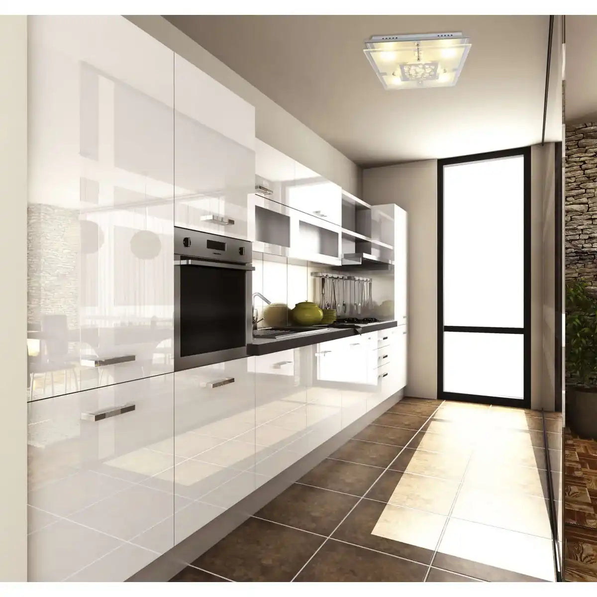 Die LED Deckenleuchte "CHUR" 30 x 30 cm, chomfarbenes Metall, teilsatiniertes Glas, integrierte LEDs, warmweiß