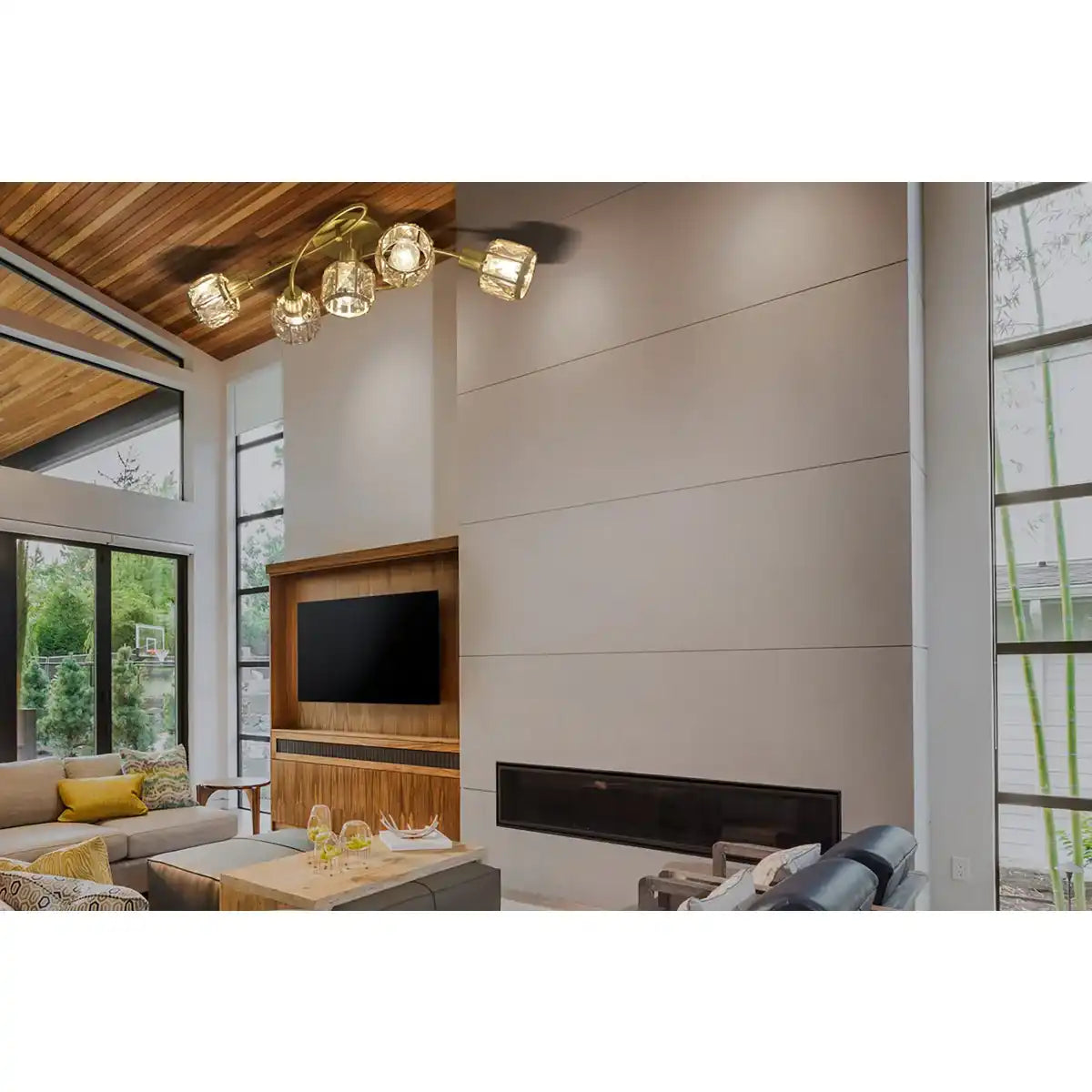 5er-LED-Deckenleuchte "JOSEFA", Deckenlampe aus Metall und Glas in Gold, mit E14-Fassung, für Esszimmer, Wohnzimmer, Diele oder Büro, Leuchte für Wohnzimmer, Esszimmer, Flur oder Diele, 61 x 36 x 21 cm