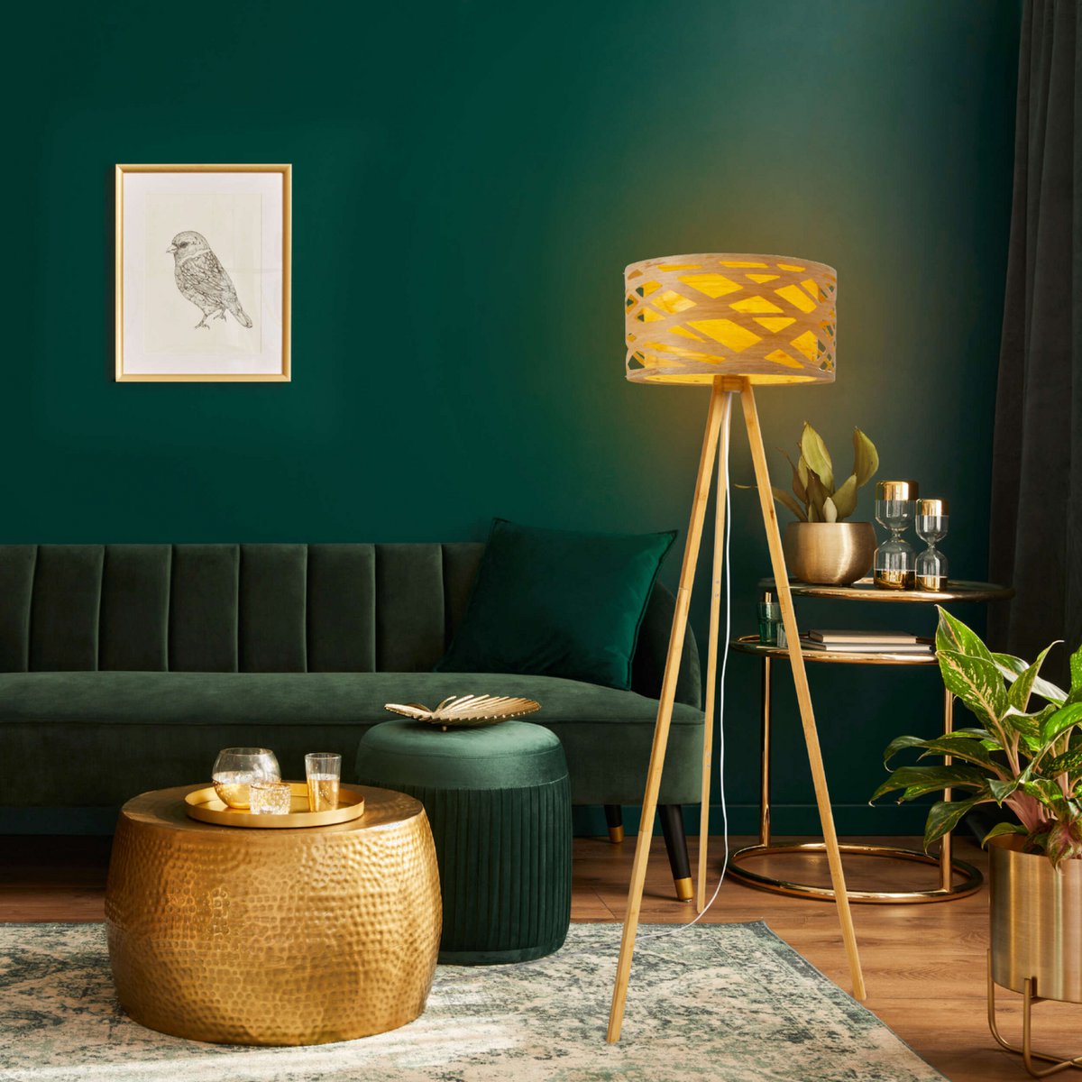 Stehleuchte "FINJA" aus naturfarbigem Kunststoff/Holzimitat, mit E27-Fassung Beleuchtung für Wohnzimmer, Esszimmer oder Büro, 148 cm hoch