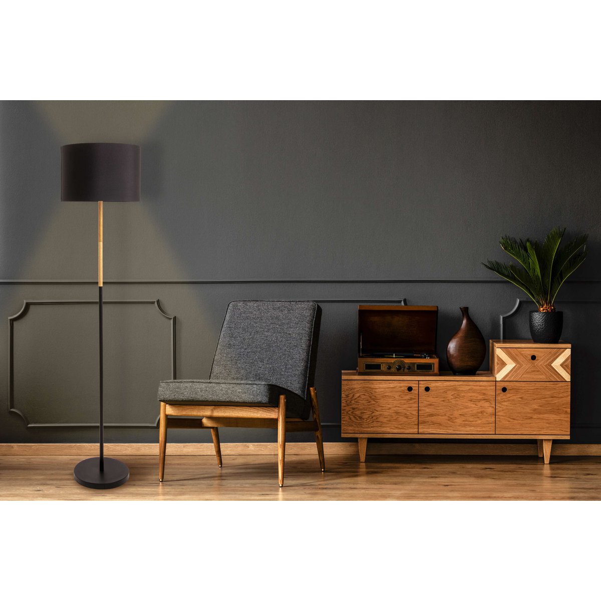 Textil-Stehleuchte "TESSILE", Stehlampe aus Metall, Gummibaumholz und Stoff in Schwarz, und Natur, E27-Fassung, 126 cm hoch
