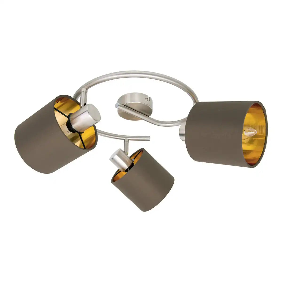 3er Wand- und Deckenrondell "MARON" aus Metall satiniert-matt mit Stoffschirmen in Braun, mit E14-Fassung, Lampe für Wohnzimmer, Esszimmer, Flur und Büro, 28,5 cm Durchmesser