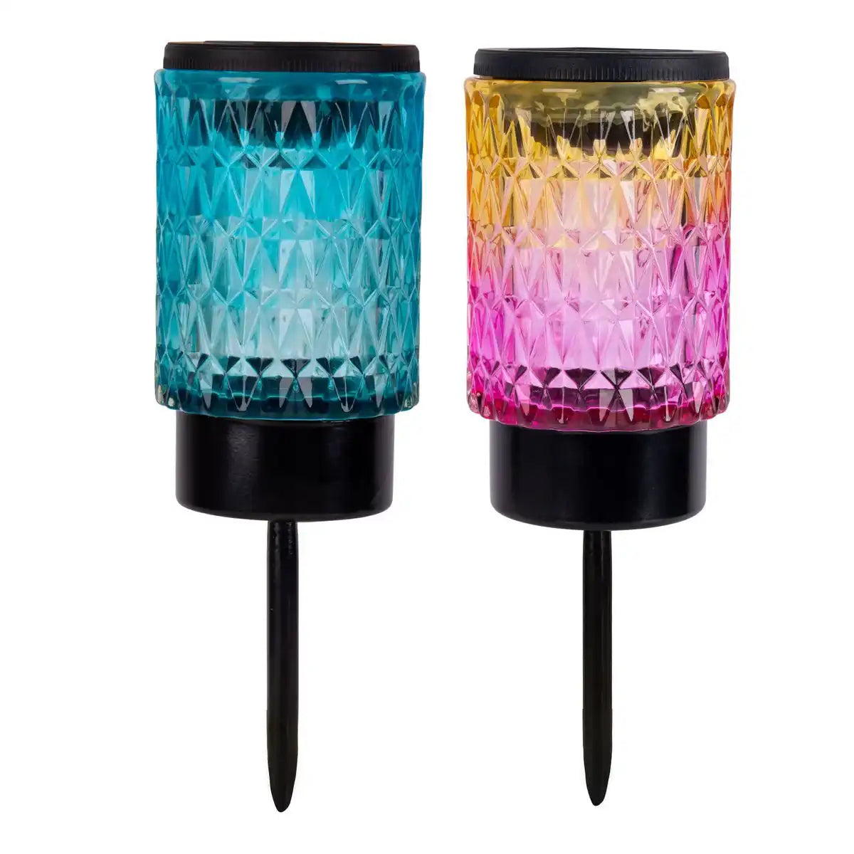 Solar-Dekoerdspieße "MILA"2er Set, Ø 8,3 cm, 25 cm hoch, schwarzes Metall, schweres, strukturiertes Glas in Rot/Gelb und in Blau/Grün, integrierte LED, warmweiß