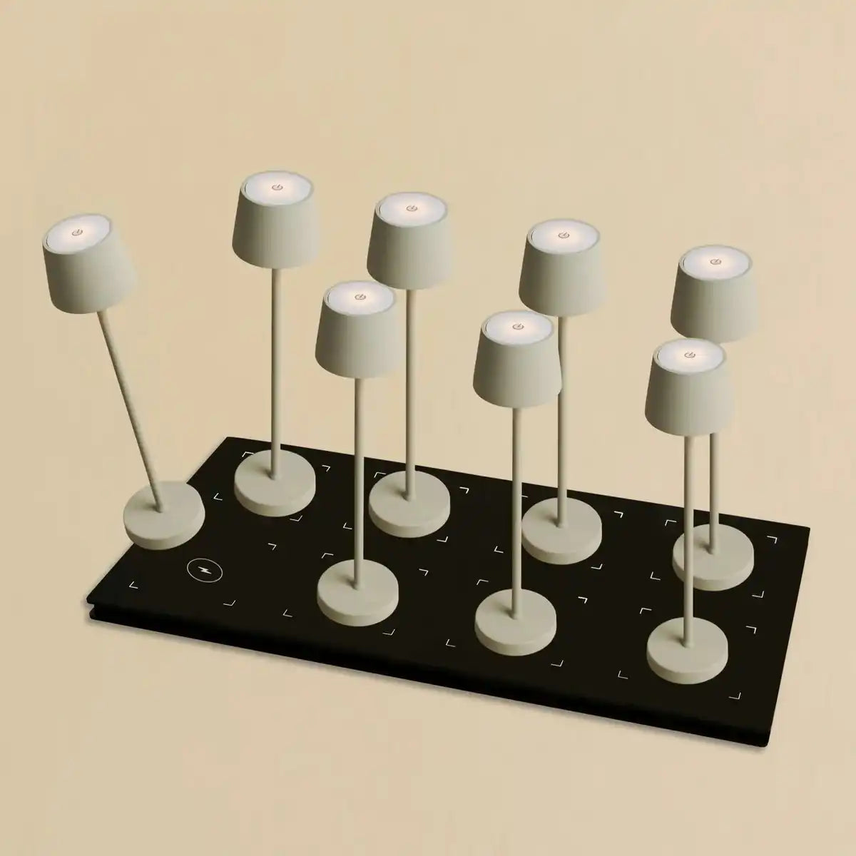 Combi Set Professional-8 x Vondel Mini Schattengrau wiederaufladbarer Tischlampen & 1 x Zentrale Station Wireless Ladestation mit Q1-Technologie