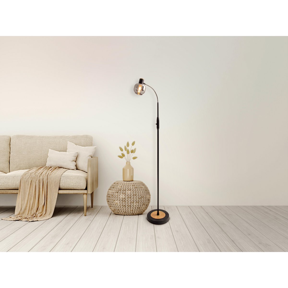 Glas-Stehleuchte "FUMOSO", Stehlampe aus Metall und Glas in Schwarz,, mit E14-Fassung, für Esszimmer, Wohnzimmer, Diele oder Büro, Stehlampe innen, 150 cm hoch.