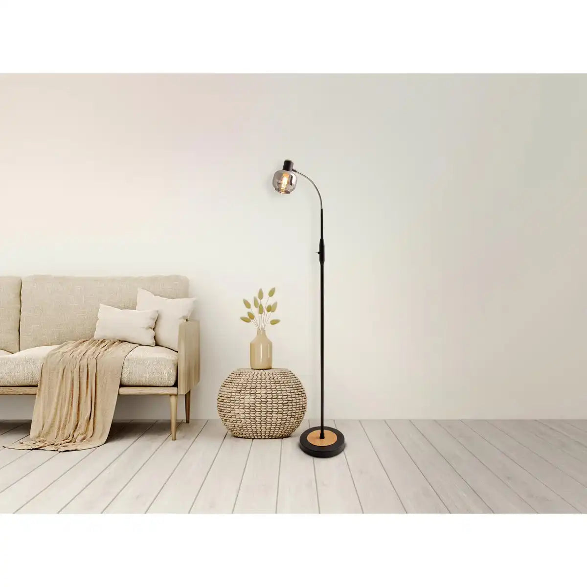 Glas-Stehleuchte "FUMOSO", Stehlampe aus Metall und Glas in Schwarz,, mit E14-Fassung, für Esszimmer, Wohnzimmer, Diele oder Büro, Stehlampe innen, 150 cm hoch.