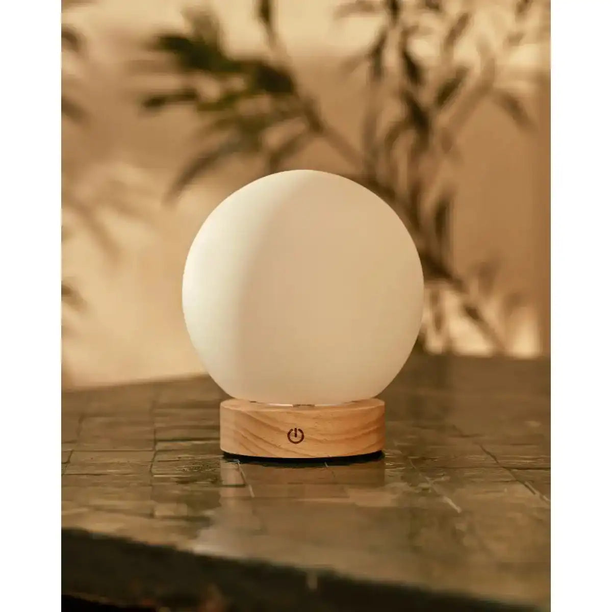 Flores hellbraune Holzlampe mit Glasbirne - wiederaufladbares und dimmbares kabelloses Licht