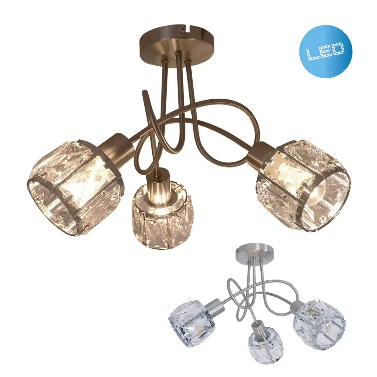 3er LED-Spot "JOSEFA", Deckenlampe aus Metall und Glas in Edelstahloptik, mit E14-Fassung Filament Leuchtmittel inklusive, für Wohnzimmer, Esszimmer, Flur oder Diele 38 x 24 cm