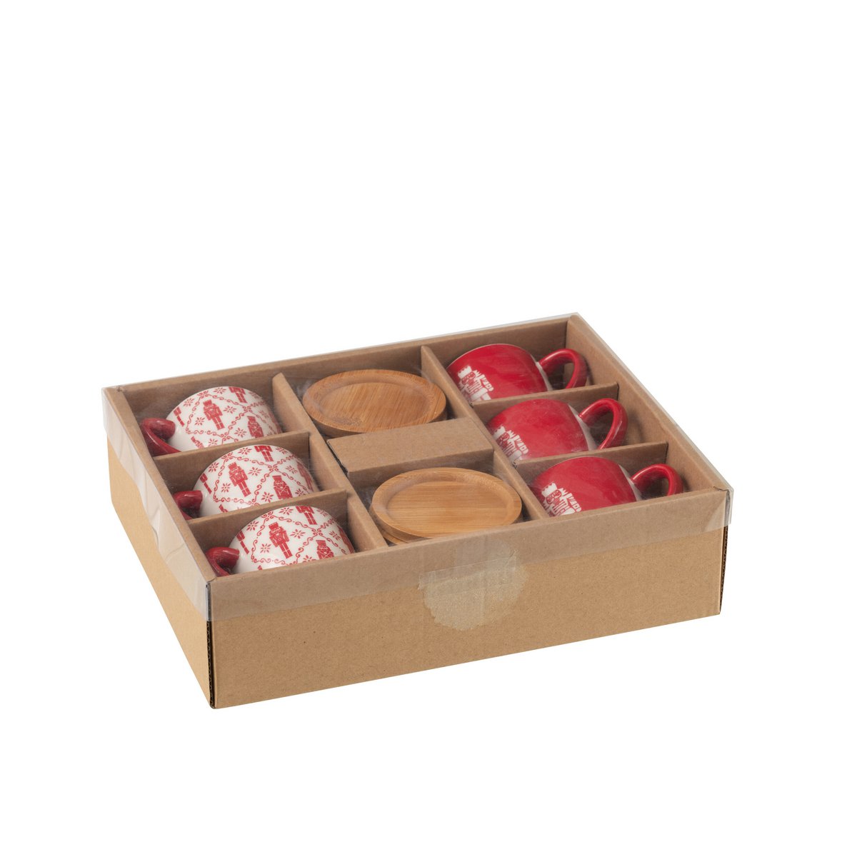 J-Line Box 6 Kaffeebeutel + Untertassen Bambou Nussknacker Geschenkbox Keramik Rot