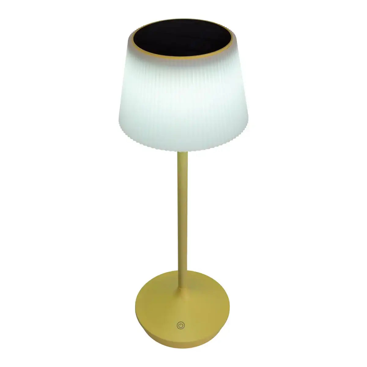 Solar-Akkutischleuchte "EMMI" 38 cm hoch, Schirm Ø 13 cm, Metall in Gelb und weißer Kunststoff, für den Außenbereich, dimmbar CCT.