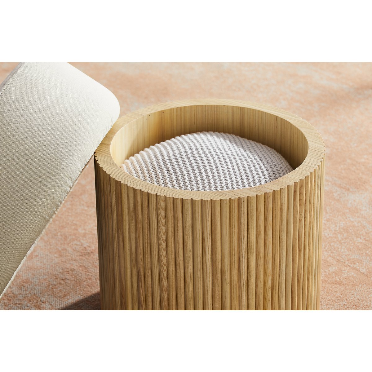 Sitzpouf mit Stauraum Ø 50 cm Natur/Weiß