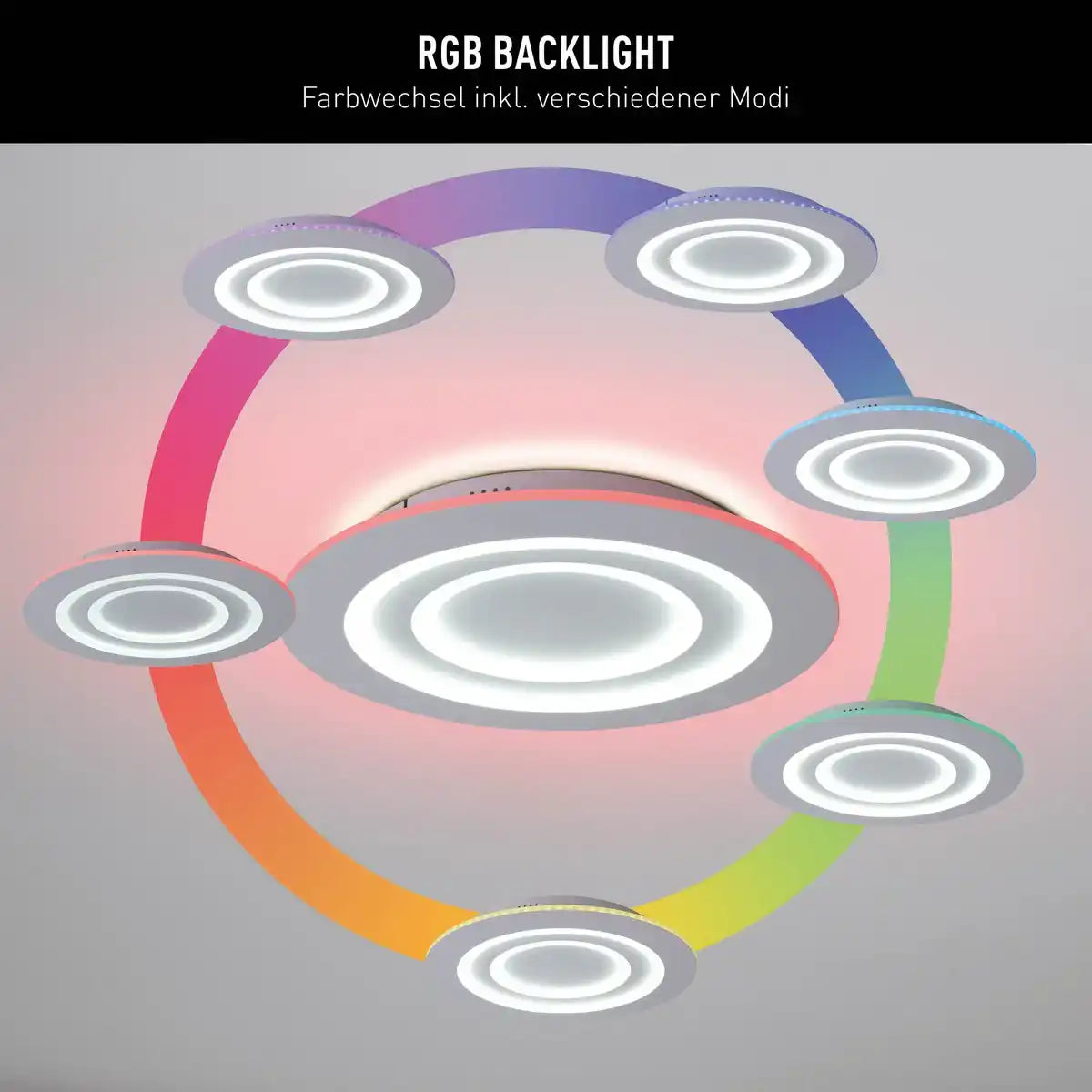 LED Deckenleuchte "MIREL" Ø 50 cm, 6 cm hoch, Metall und Kunststoff in Weiß, integrierte LEDs, 2400 lm, dimmbar, CCT-Funktion 3000-6500 K, RGB-Farbwechsel