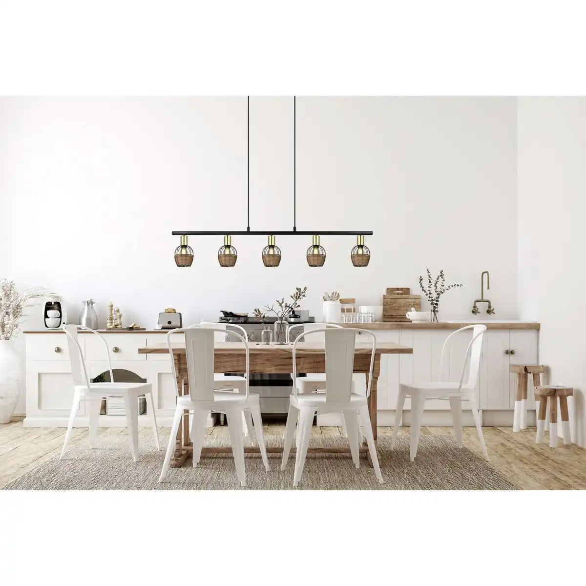 5er Pendelleuchte "CORBIS", Hängelampe aus Metall in Schwarz, mit Gold und Rattan, mit E14-Fassung, für Esszimmer, Wohnzimmer, Diele oder Büro, 100 cm lang