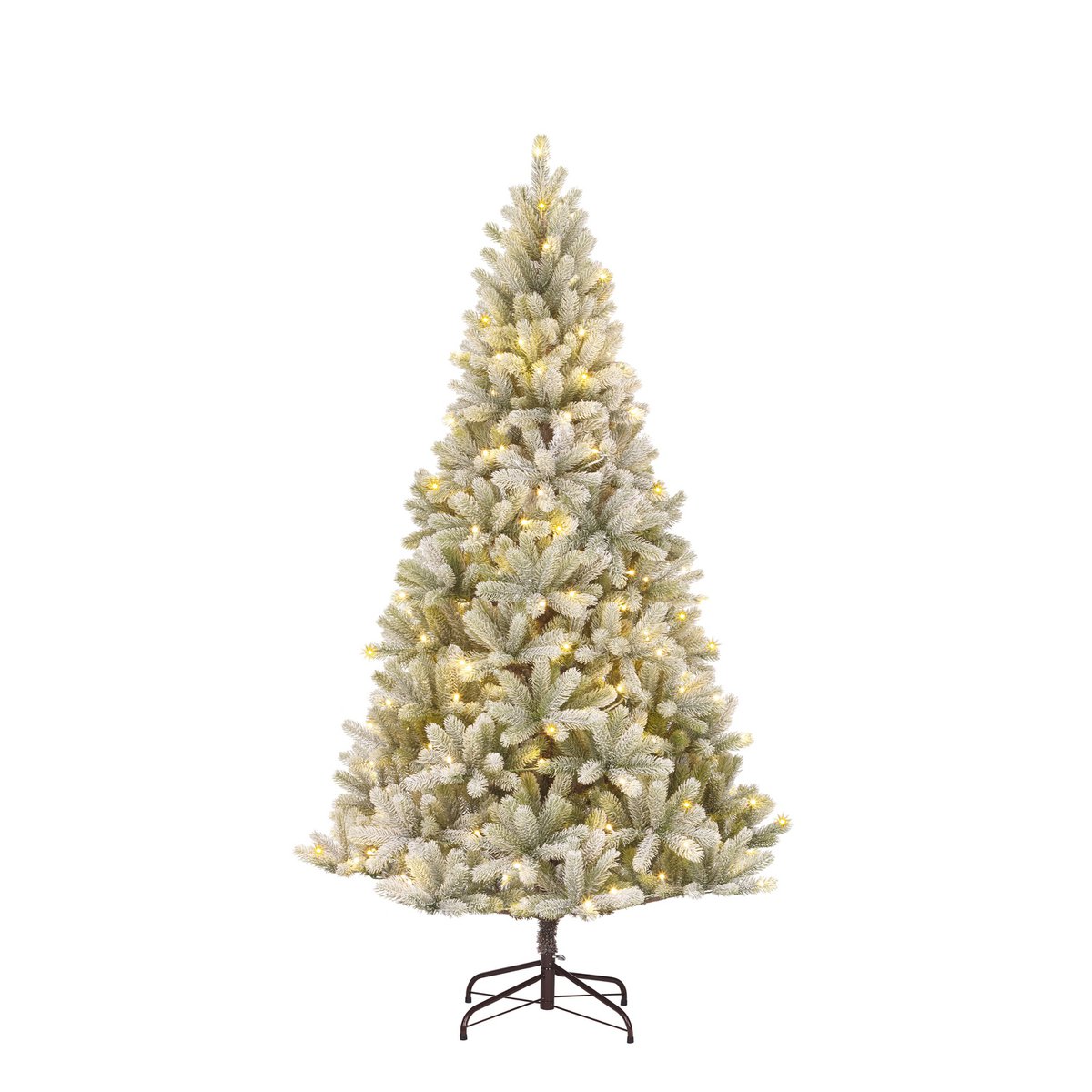 Künstlicher Weihnachtsbaum mit warmweißer LED-Beleuchtung – H210 x Ø115 cm – grün gefrostet