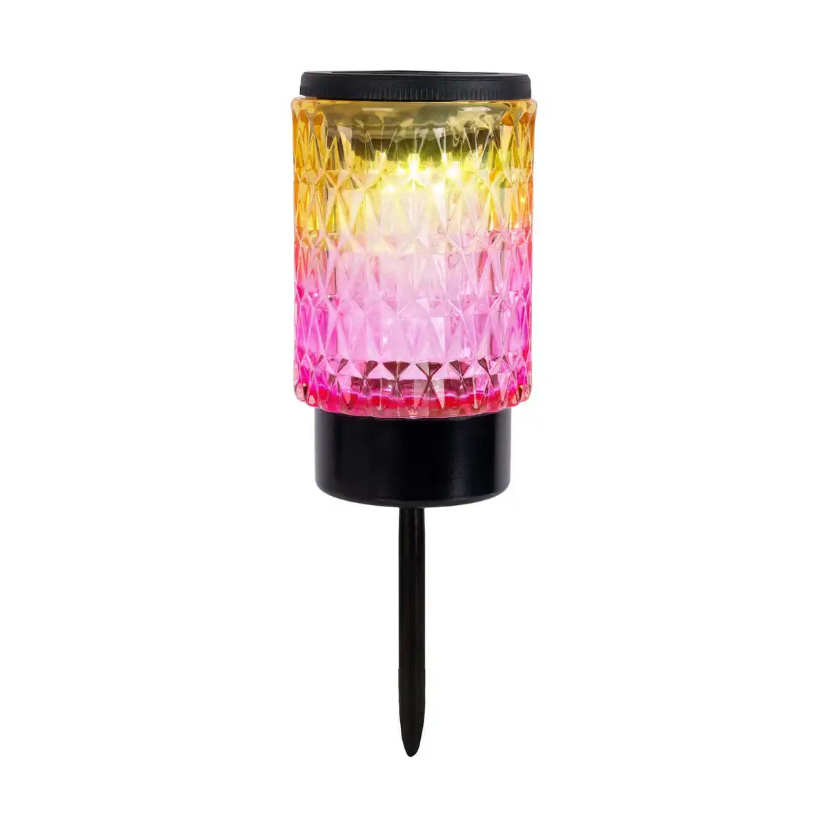 Solar-Dekoerdspieße "MILA"2er Set, Ø 8,3 cm, 25 cm hoch, schwarzes Metall, schweres, strukturiertes Glas in Rot/Gelb und in Blau/Grün, integrierte LED, warmweiß
