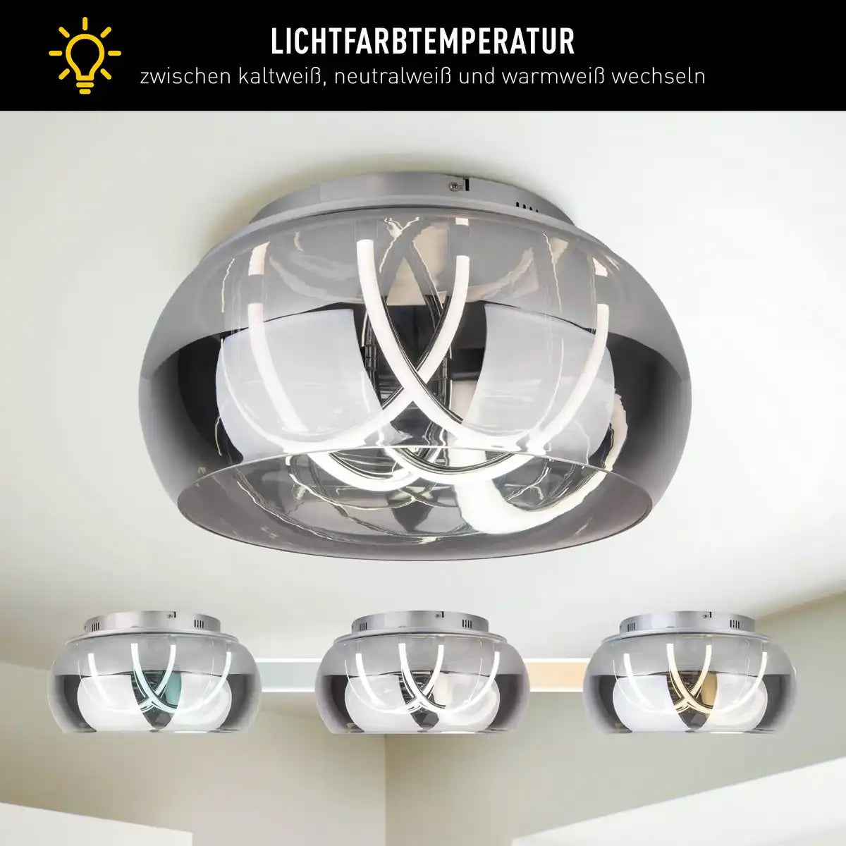 LED Deckenleuchte "MALOU" Ø 45 cm, 23,5 cm hoch, aus Metall, Rauchglas, integrierte LEDs, warmweiß