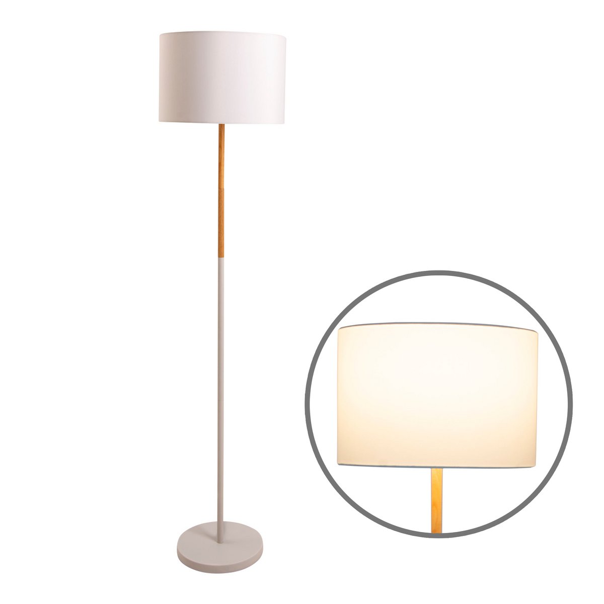 Textil-Stehleuchte "TESSILE", Stehlampe aus Metall, Gummibaumholz und Stoff in Weiß und natur, E27-Fassung, Stehleuchte 126 cm hoch