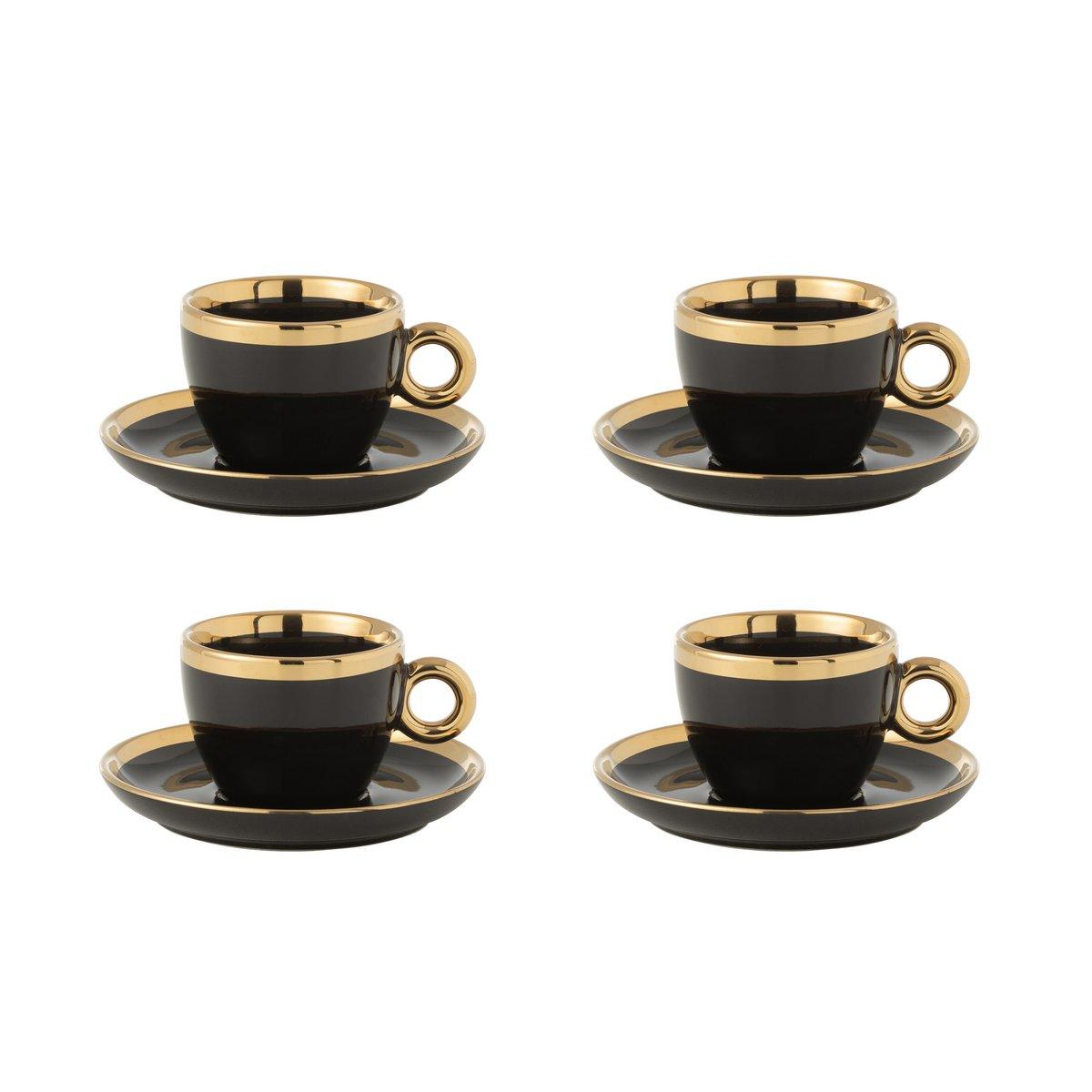 J-Line Box mit 4 Tassen + Untertasse, Keramik, Schwarz/Gold