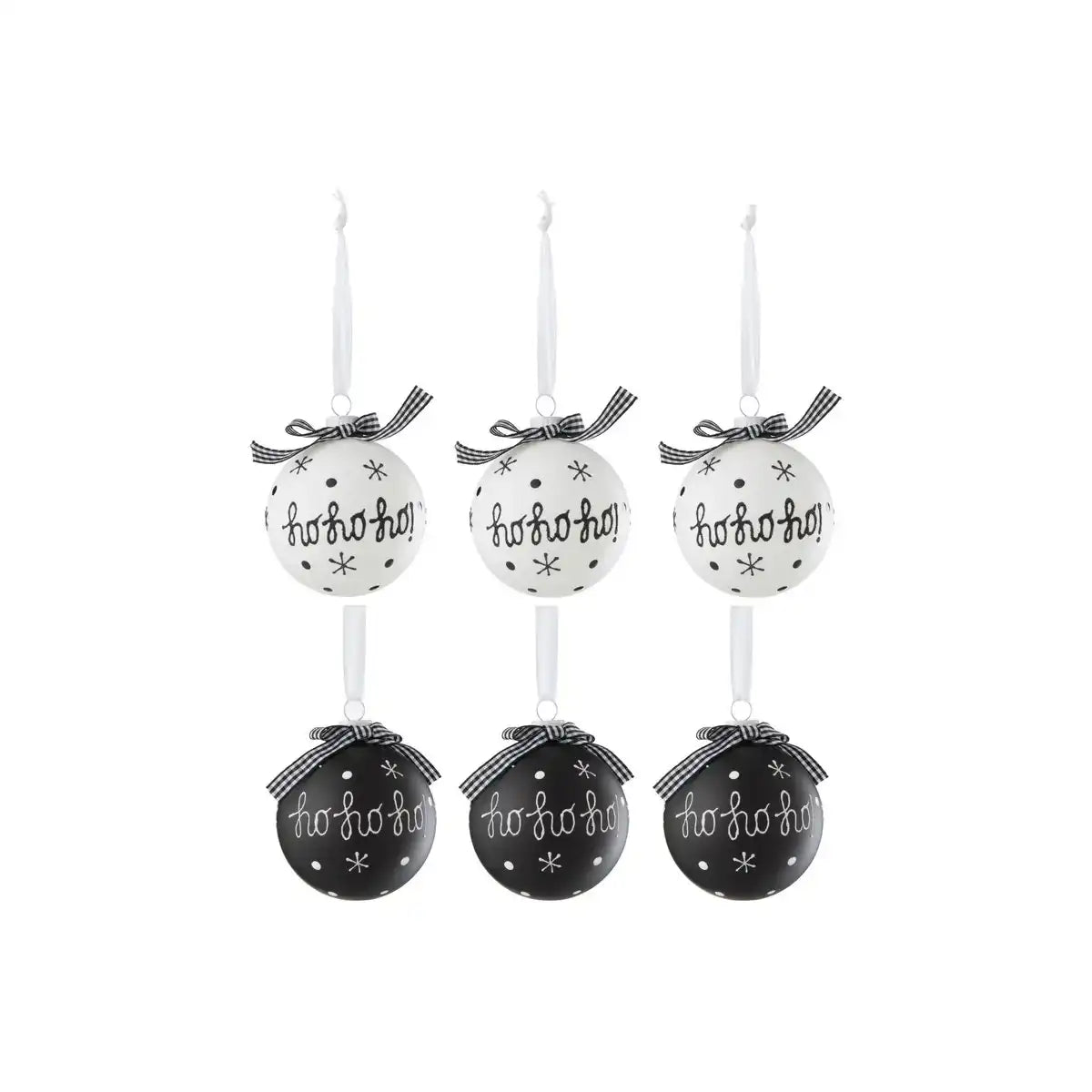 J-Line Box mit 6 Weihnachtskugeln 3+3 Hoho+Schneeflocken+Schleife, Glas, Schwarz/Weiß, klein