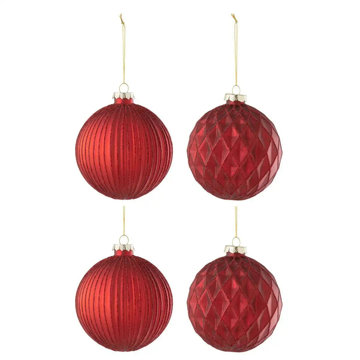 J-Line Box mit 4 Weihnachtskugeln, 2+2 gerippt/rautenförmig, Glas, Rot, groß