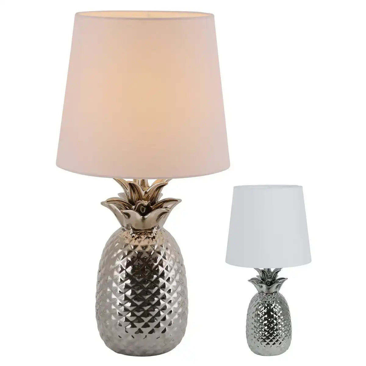 Keramik-Tischleuchte "ANANAS", Tischlampe aus Keramik mit chromfarbene Glasur und weißem Stoffschirm, mit E14-Fassung, für Esszimmer, Wohnzimmer, Diele oder Büro, 45 cm hoch