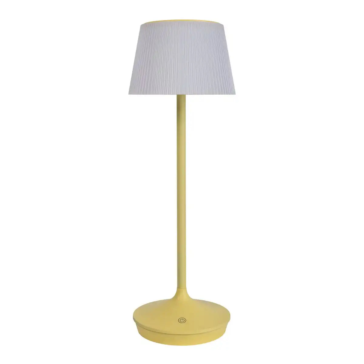 Solar-Akkutischleuchte "EMMI" 38 cm hoch, Schirm Ø 13 cm, Metall in Gelb und weißer Kunststoff, für den Außenbereich, dimmbar CCT.