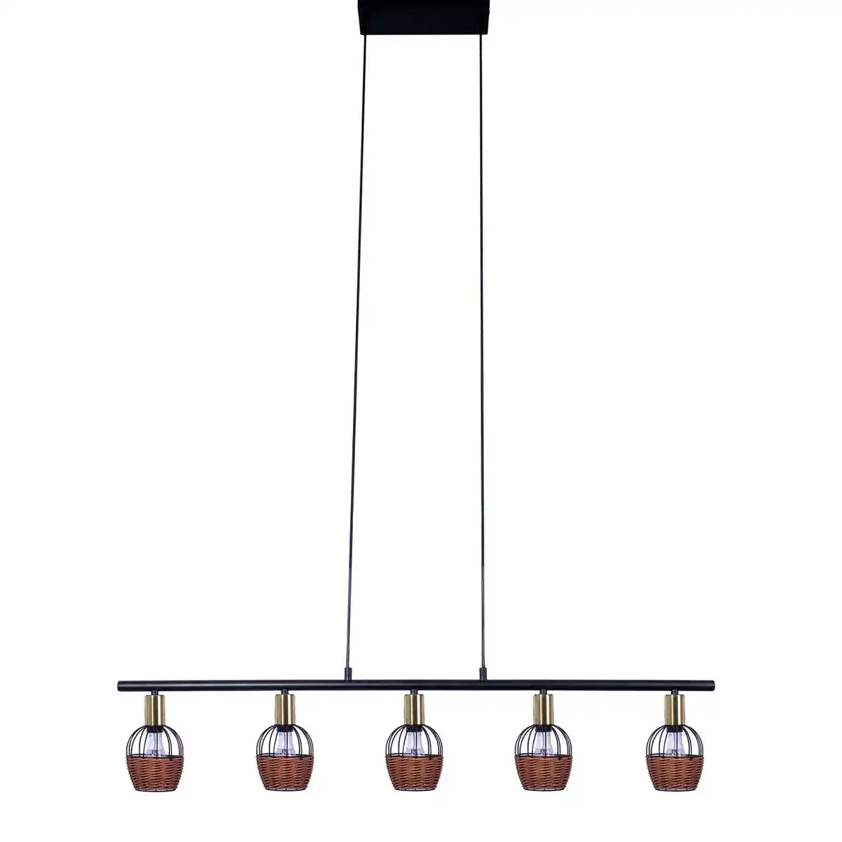 5er Pendelleuchte "CORBIS", Hängelampe aus Metall in Schwarz, mit Gold und Rattan, mit E14-Fassung, für Esszimmer, Wohnzimmer, Diele oder Büro, 100 cm lang