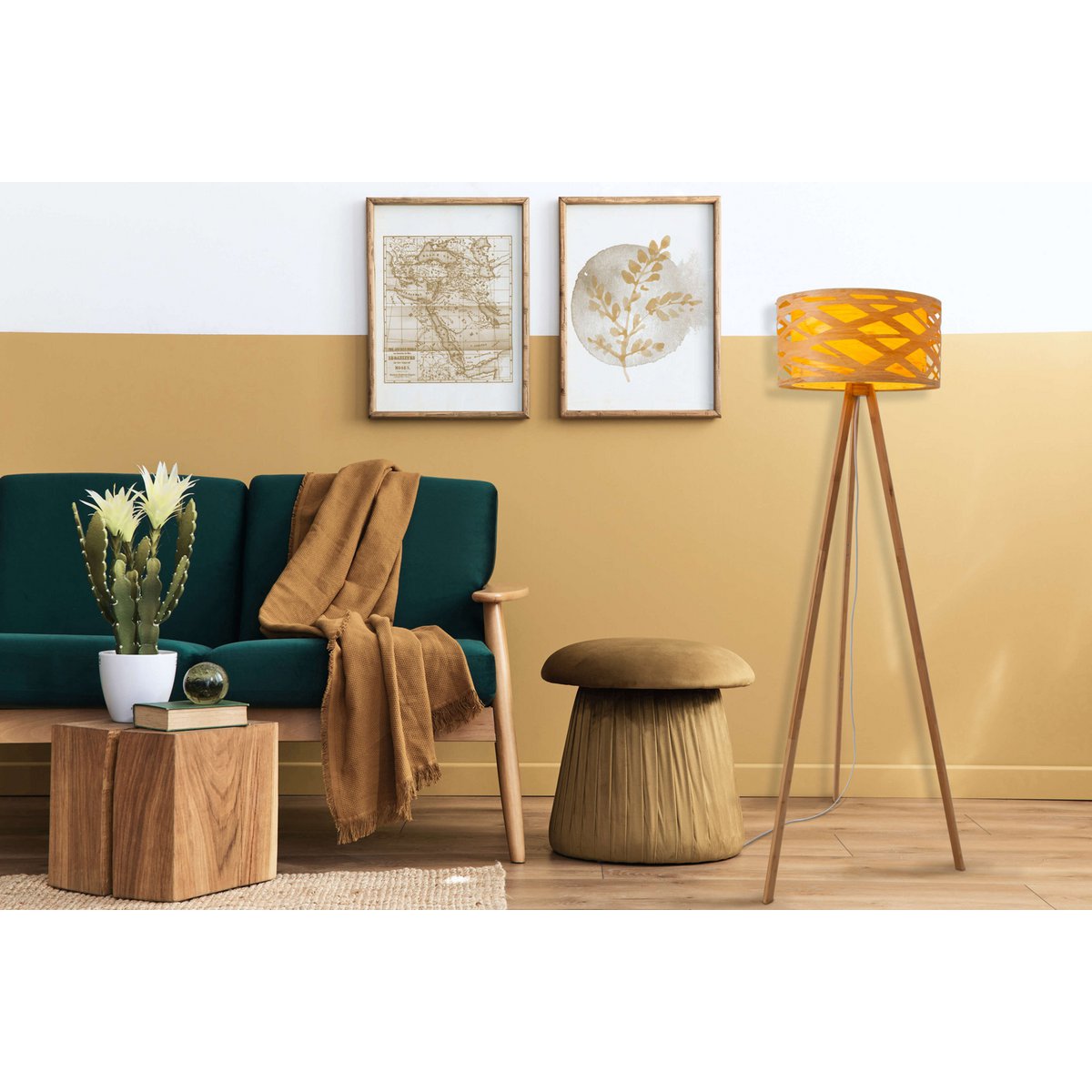 Stehleuchte "FINJA" aus naturfarbigem Kunststoff/Holzimitat, mit E27-Fassung Beleuchtung für Wohnzimmer, Esszimmer oder Büro, 148 cm hoch