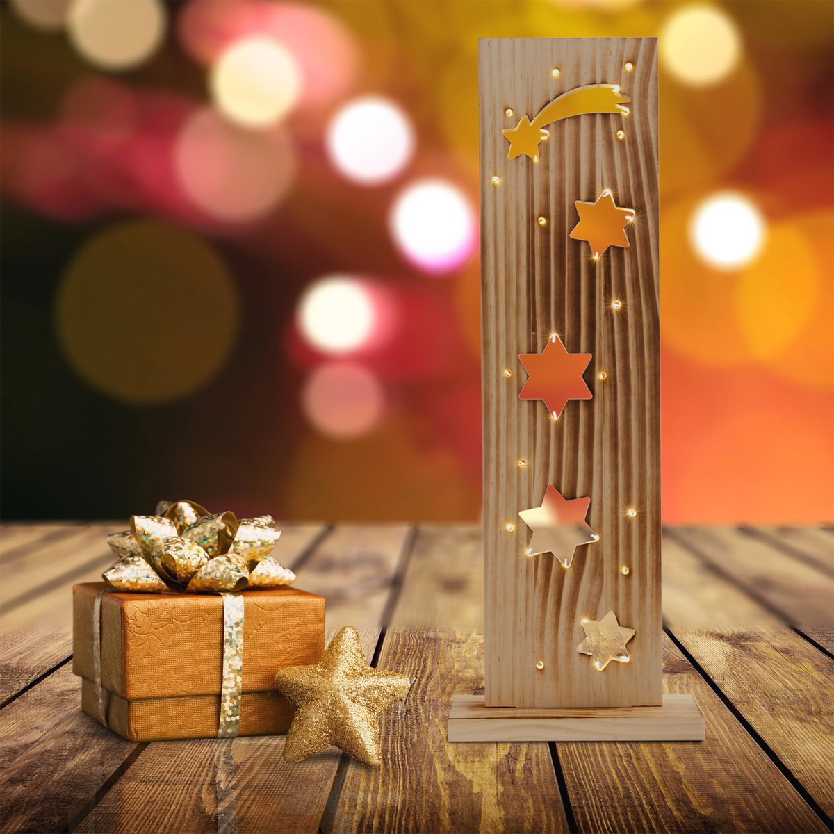 LED-Holz-Dekoleuchte "STERNE", aus naturbelassenem Holz mit festverbauten LEDs, Weihnachtsdekoration für Außen