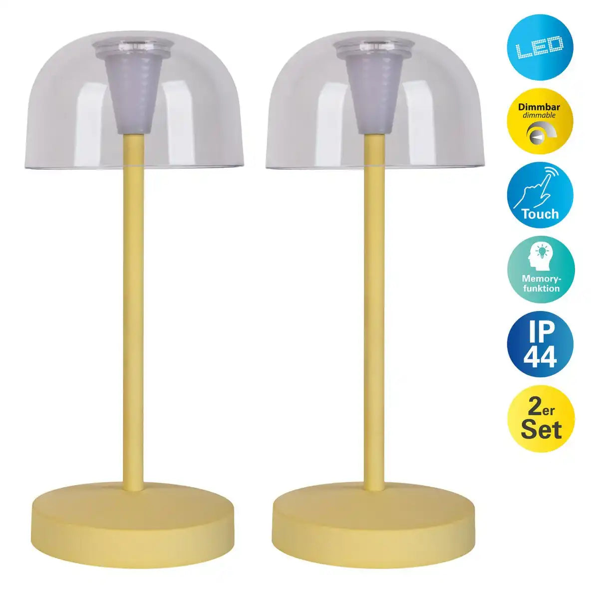 2-er Set LED-Akku-Tischleuchte "Gomba" für Außen und Innen, aus Metall und Kunststoff in Gelb , 18,5 cm hoch