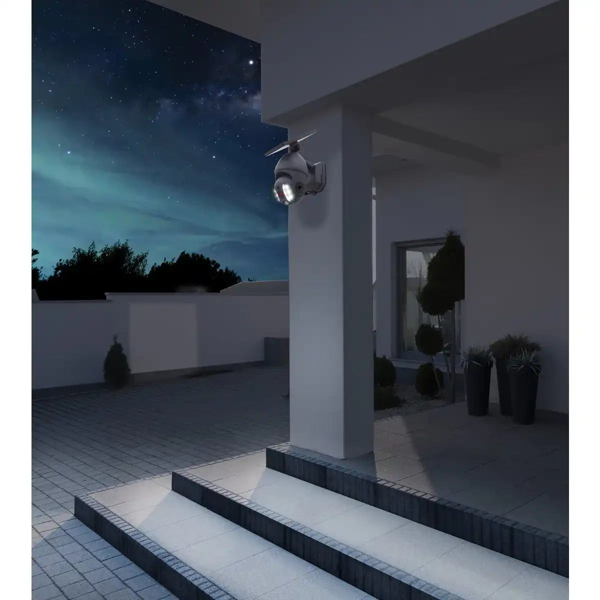 LED Solar Außenwandleuchte "MOHO" mit Bewegungsmelder und Security-Kamera-Attrappe , Wandleuchte aus Kunststoff in Grau, mit integrierter LED